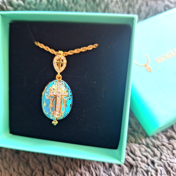 Jewelry - Easter Gift!!Handmade Gold and Turquoise Egg & Cross Pendant Necklace